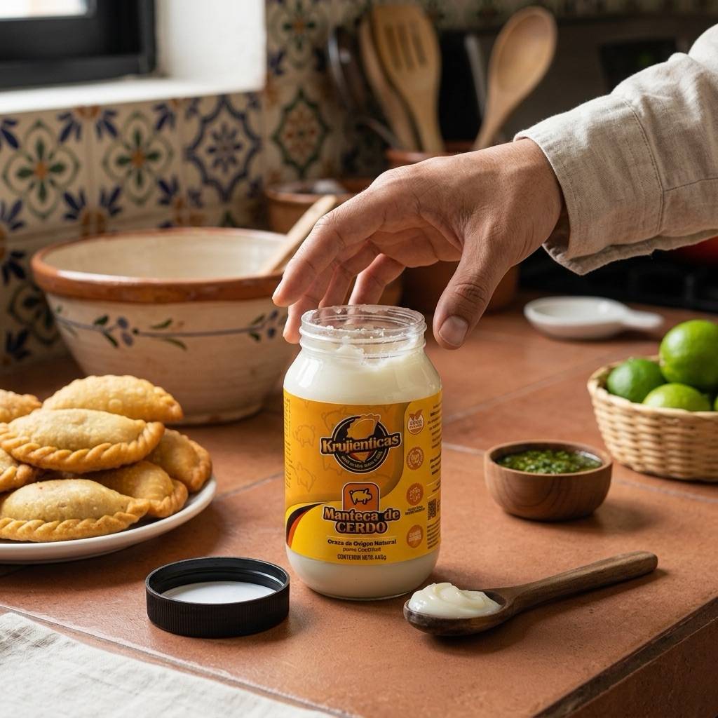 Abriendo el frasco de Manteca Krujienticas con pastelitos al fondo